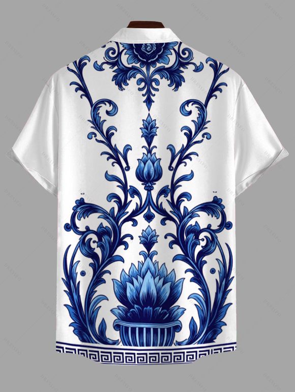Vacation Couple Outfit Porcelain Lotus Floral Print Spaghetti Strap Maxi Bodycon Dress and Shirt Set - Bleu S | US 4