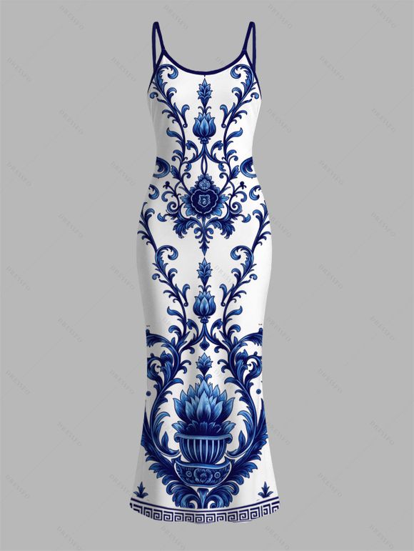 Vacation Couple Outfit Porcelain Lotus Floral Print Spaghetti Strap Maxi Bodycon Dress and Shirt Set - Bleu S | US 4