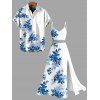 Vacation Couple Outfit Ink Wash Rose Floral Leaf Pattern Lace Hollow Out Slit Dress and Shirt Set - Bleu S | US 4