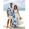 Vacation Couple Outfit Ink Wash Rose Floral Leaf Pattern Lace Hollow Out Slit Dress and Shirt Set - Bleu S | US 4