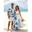 Vacation Couple Outfit Ink Wash Rose Floral Leaf Pattern Lace Hollow Out Slit Dress and Shirt Set - Bleu S | US 4
