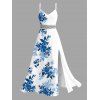 Vacation Couple Outfit Ink Wash Rose Floral Leaf Pattern Lace Hollow Out Slit Dress and Shirt Set - Bleu S | US 4