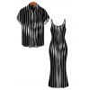 Casual Couple Outfit Distorted Vertical Wavy Stripe Print Spaghetti Strap Maxi Bodycon Dress and Shirt Set - Noir S | US 4