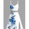 Vacation Dress Ink Wash Rose Floral Leaf Pattern Lace Hollow Out Slit Dress - Bleu XXXXXL | US 20