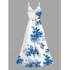 Vacation Dress Ink Wash Rose Floral Leaf Pattern Lace Hollow Out Slit Dress - Bleu XXXXXL | US 20