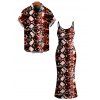 Vintage Couple Outfit Animal Snake Print Spaghetti Strap Maxi Bodycon Dress and Shirt Set - Rouge foncé S | US 4