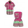 Beach Vacation Couple Outfit Palm Tree Ethnic Tribal Print Pocket Off the Shoulder Romper and Shirt Set - Rose Vif S | US 4