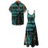 Hawaiian Vacation Couple Outfit Vertical Stripe Tie Dye Abstract Print Pocket Spaghetti Strap Midi Dress and Shirt Set - Turquoise Foncée S | US 4