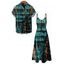 Hawaiian Vacation Couple Outfit Vertical Stripe Tie Dye Abstract Print Pocket Spaghetti Strap Midi Dress and Shirt Set - Turquoise Foncée S | US 4