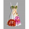 Vacation Couple Outfit Peony Floral Leaf Print Ruched Bust Mini Dress and Shirt Set - Blanc S | US 4