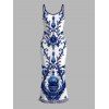 Vacation Couple Outfit Porcelain Lotus Floral Print Spaghetti Strap Maxi Bodycon Dress and Shirt Set - Bleu S | US 4