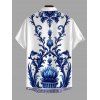 Vacation Couple Outfit Porcelain Lotus Floral Print Spaghetti Strap Maxi Bodycon Dress and Shirt Set - Bleu S | US 4