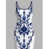 Vacation Dress Porcelain Lotus Floral Print Spaghetti Strap Maxi Bodycon Dress - Bleu XXL | US 14