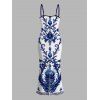 Vacation Dress Porcelain Lotus Floral Print Spaghetti Strap Maxi Bodycon Dress - Bleu XXL | US 14