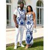 Vacation Couple Outfit Porcelain Lotus Floral Print Spaghetti Strap Maxi Bodycon Dress and Shirt Set - Bleu S | US 4