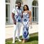 Vacation Couple Outfit Porcelain Lotus Floral Print Spaghetti Strap Maxi Bodycon Dress and Shirt Set - Bleu S | US 4