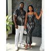Casual Couple Outfit Distorted Vertical Wavy Stripe Print Spaghetti Strap Maxi Bodycon Dress and Shirt Set - Noir S | US 4