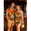 Hawaiian Vacation Couple Outfit Tropical Calla Lily Leaf Print Pocket Off the Shoulder Romper and Shirt Set - Orange S | US 4