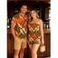 Hawaiian Vacation Couple Outfit Tropical Calla Lily Leaf Print Pocket Off the Shoulder Romper and Shirt Set - Orange S | US 4