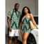 Beach Vacation Couple Outfit Serrated Palm Leaf Geometric Print Pocket Off the Shoulder Romper and Shirt Set - Vert profond S | US 4