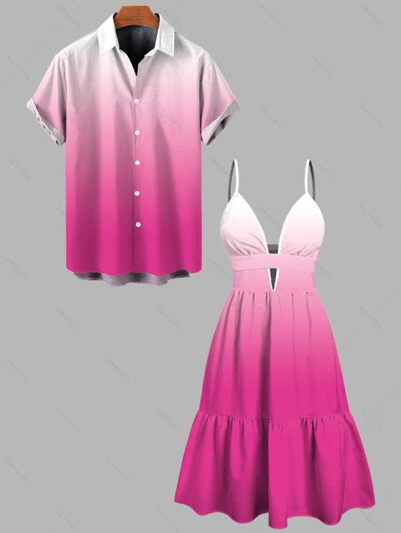 Vacation Couple Outfit Ombre Print Cut Out Tired Plunging Neck Flowy Dress and Shirt Set - Rose Vif S | US 4