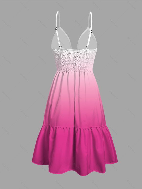 Vacation Couple Outfit Ombre Print Cut Out Tired Plunging Neck Flowy Dress and Shirt Set - Rose Vif S | US 4