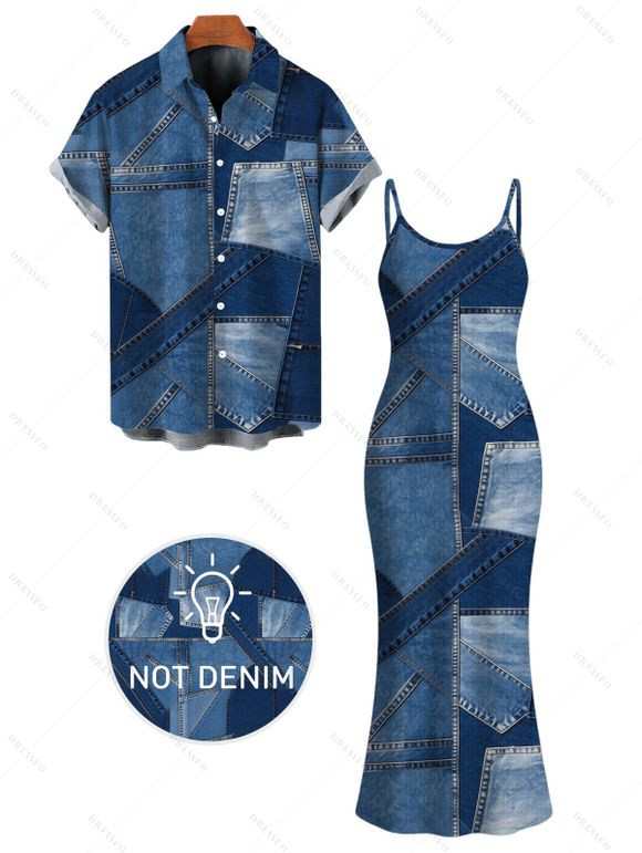 Casual Couple Outfit  Faux Denim Patchwork Print Spaghetti Strap Maxi Bodycon Dress and Shirt Set - Bleu Toile de Jean S | US 4