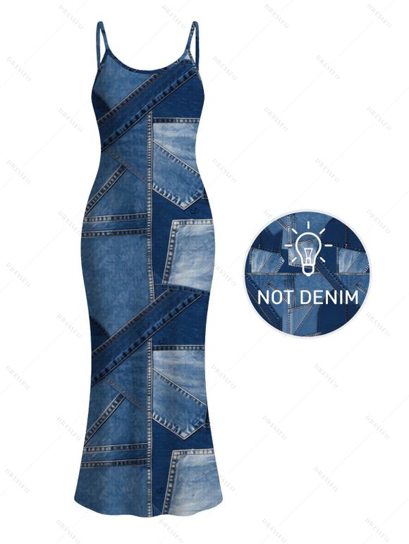 Casual Couple Outfit  Faux Denim Patchwork Print Spaghetti Strap Maxi Bodycon Dress and Shirt Set - Bleu Toile de Jean S | US 4
