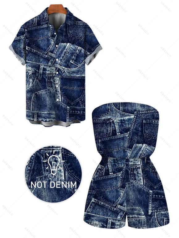 Vacation Couple Outfit Faux Demin Patchwork Print Pocket Off the Shoulder Romper and Shirt Set - Bleu profond S | US 4