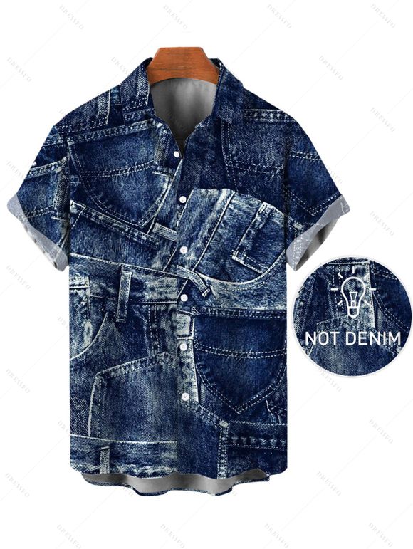 Vacation Couple Outfit Faux Demin Patchwork Print Pocket Off the Shoulder Romper and Shirt Set - Bleu profond S | US 4