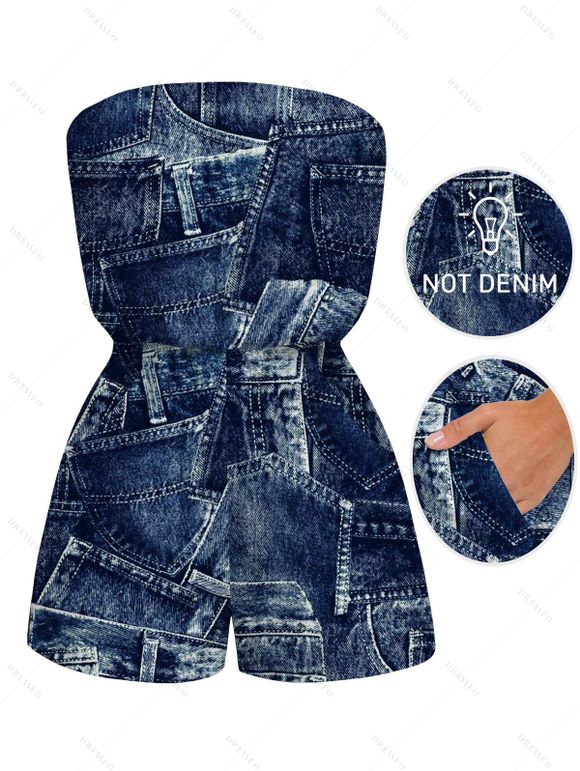 Vacation Romper 3D Faux Demin Patchwork Print Pocket Off the Shoulder Romper - Bleu profond XL | US 12