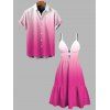 Vacation Couple Outfit Ombre Print Cut Out Tired Plunging Neck Flowy Dress and Shirt Set - Rose Vif S | US 4