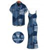 Casual Couple Outfit  Faux Denim Patchwork Print Spaghetti Strap Maxi Bodycon Dress and Shirt Set - Bleu Toile de Jean S | US 4