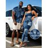 Casual Couple Outfit  Faux Denim Patchwork Print Spaghetti Strap Maxi Bodycon Dress and Shirt Set - Bleu Toile de Jean S | US 4