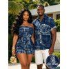Vacation Couple Outfit Faux Demin Patchwork Print Pocket Off the Shoulder Romper and Shirt Set - Bleu profond S | US 4