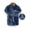 Men's Vacation Shirt Faux Demin Patchwork Print Button Up Shirt - Bleu profond M