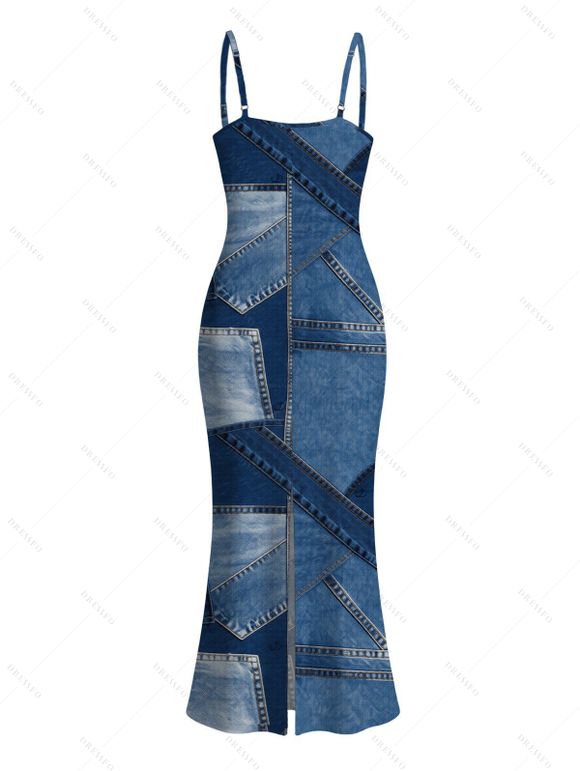 Casual Dress Faux Denim Patchwork Print Spaghetti Strap Maxi Bodycon Dress - Bleu Toile de Jean XXXXL | US 18