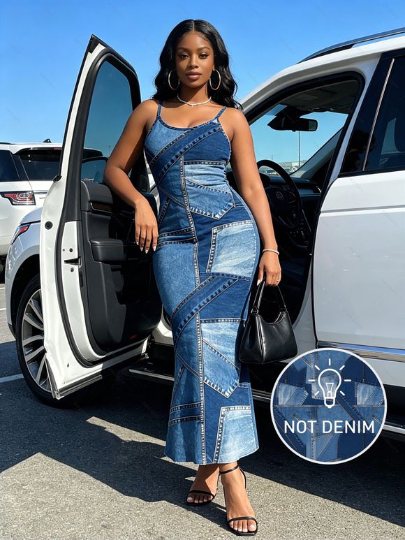 Casual Dress Faux Denim Patchwork Print Spaghetti Strap Maxi Bodycon Dress - Bleu Toile de Jean XXXXL | US 18
