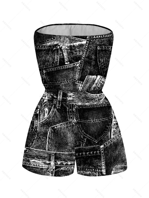 Vacation Romper Faux Demin Patchwork Print Pocket Off the Shoulder Romper - Noir XXL | US 14