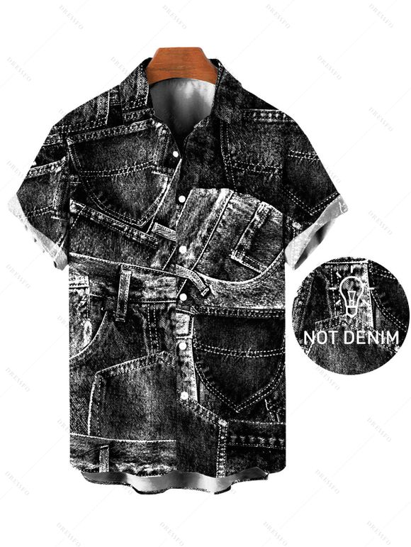 Vacation Couple Outfit Faux Demin Patchwork Print Pocket Off the Shoulder Romper and Shirt Set - Noir S | US 4