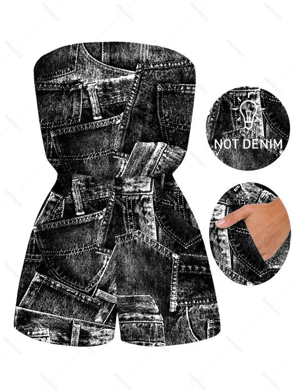 Vacation Couple Outfit Faux Demin Patchwork Print Pocket Off the Shoulder Romper and Shirt Set - Noir S | US 4