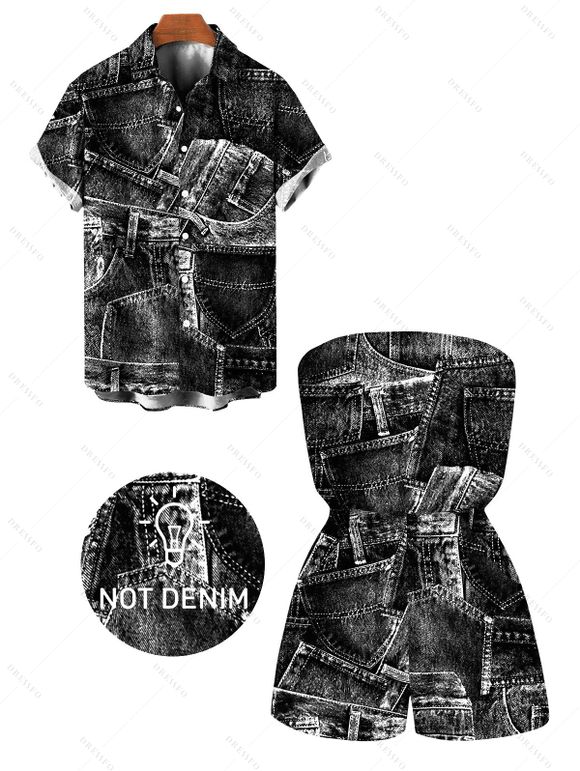 Vacation Couple Outfit Faux Demin Patchwork Print Pocket Off the Shoulder Romper and Shirt Set - Noir S | US 4