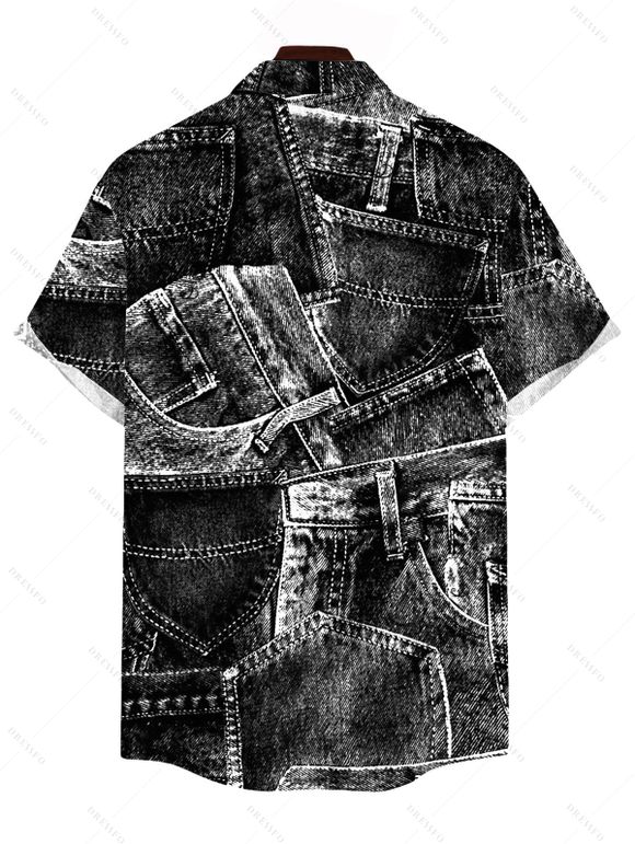 Vacation Couple Outfit Faux Demin Patchwork Print Pocket Off the Shoulder Romper and Shirt Set - Noir S | US 4