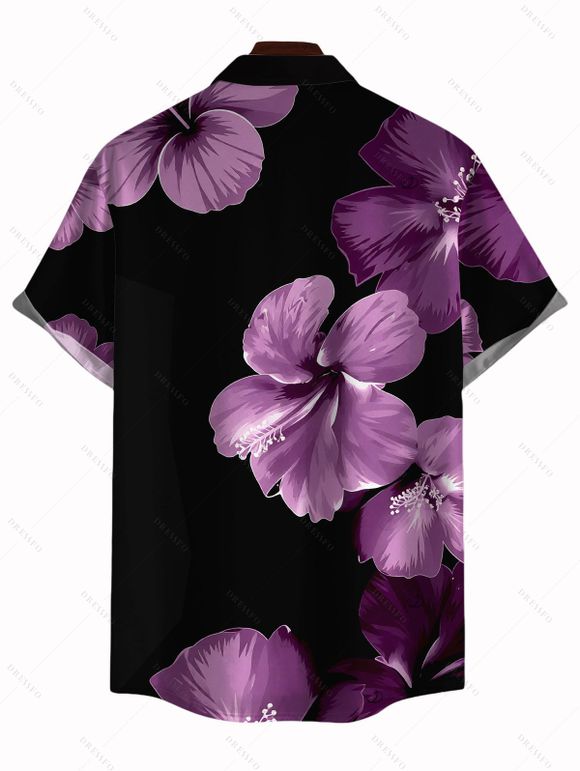 Men's Vacation Shirt Contrast Color Hibiscus Floral Print Button Up Shirt - Noir S