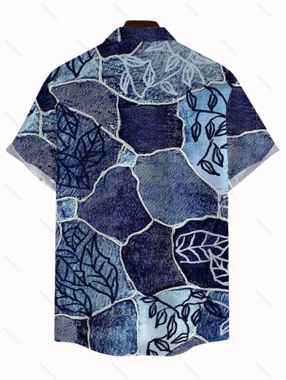 Men's Vacation Shirt Faux Denim Patchwork Leaf Print Button Up Shirt - Bleu profond S
