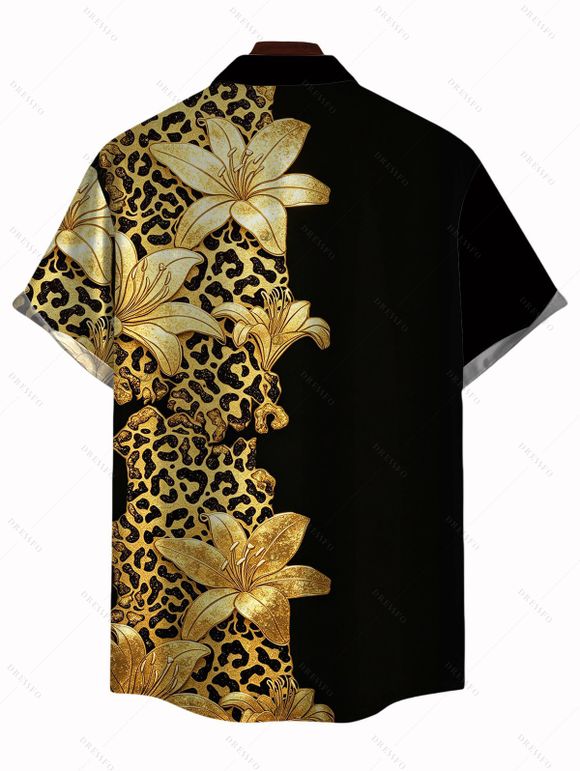 Men's Vacation Shirt Contract Color Lily Floral Leopard Print Button Up Shirt - Noir S