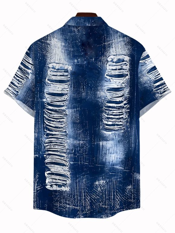 Men's Vacation Shirt Distressed Faux Denim Print Button Up Shirt - Bleu profond S