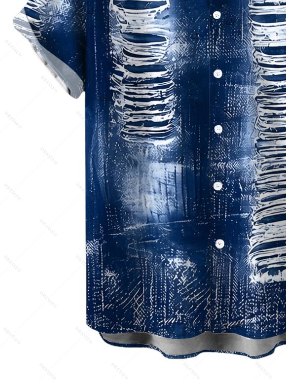 Men's Vacation Shirt Distressed Faux Denim Print Button Up Shirt - Bleu profond S