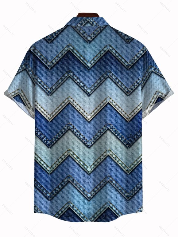 Men's Vintage Shirt Ombre Faux Denim Zig Zag Print Button Up Shirt - Bleu S