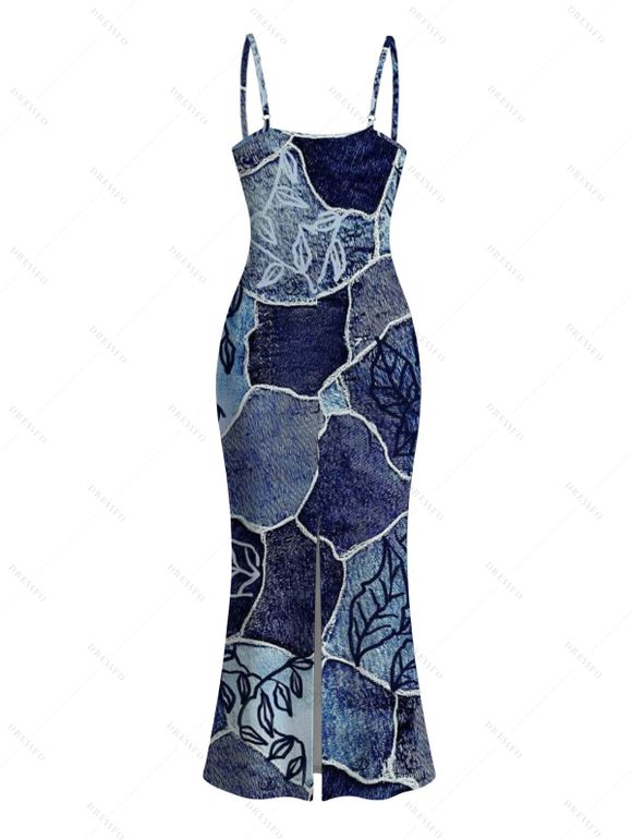 Vacation Dress Faux Denim Patchwork Leaf Print Spaghetti Strap Maxi Bodycon Dress - Bleu profond XXXXL | US 18